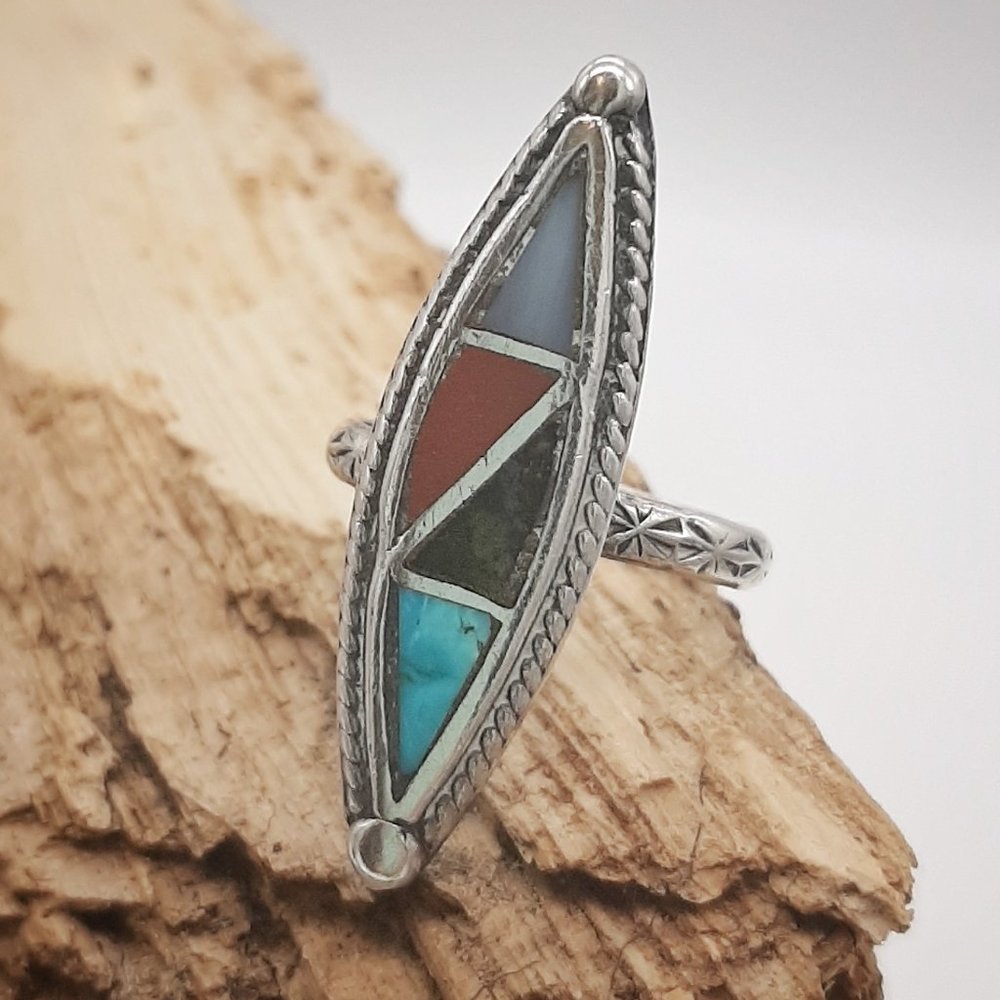 Southwestern Turquoise Signed Silver Shield Ring 4 - Picture 1 of 6
